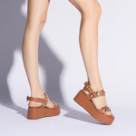 Milan Flatform Sandal In Caramel Leather