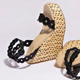 Florence Broderie Wedge In Beige and Black Raffia